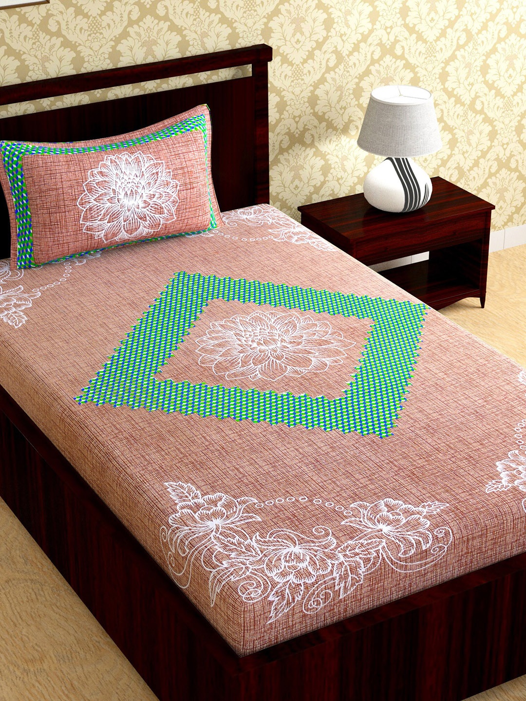 

Urban Magic Brown & Green Floral 104 TC Single Bedsheet with 1 Pillow Covers