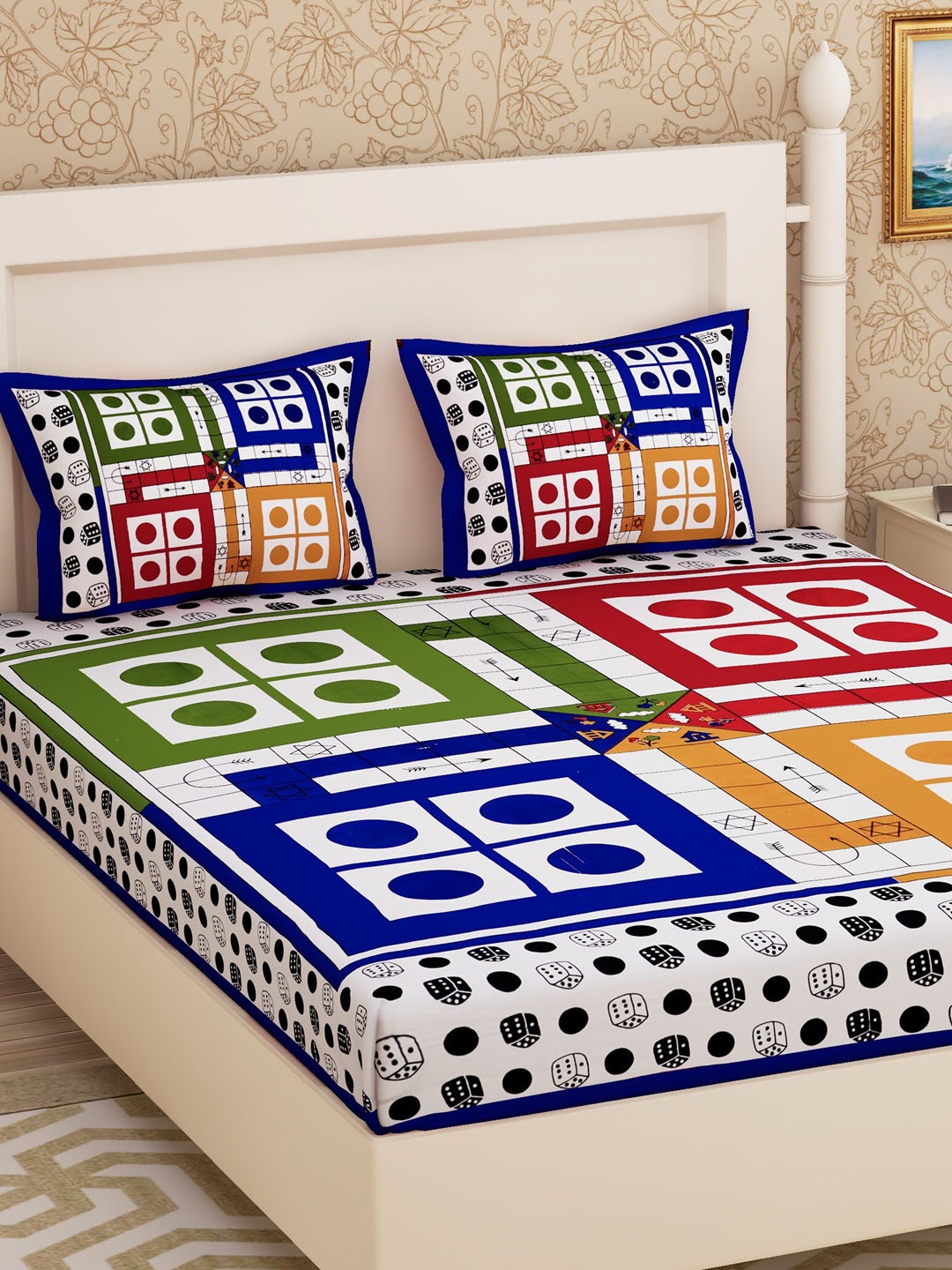 

Urban Magic Blue & White Ludo Printed 104 TC Queen Bedsheet with 2 Pillow Covers