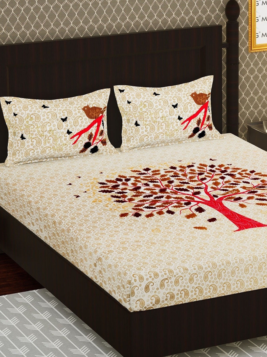 

Urban Magic Cream-Coloured & Red Floral 104 TC Queen Bedsheet with 2 Pillow Covers