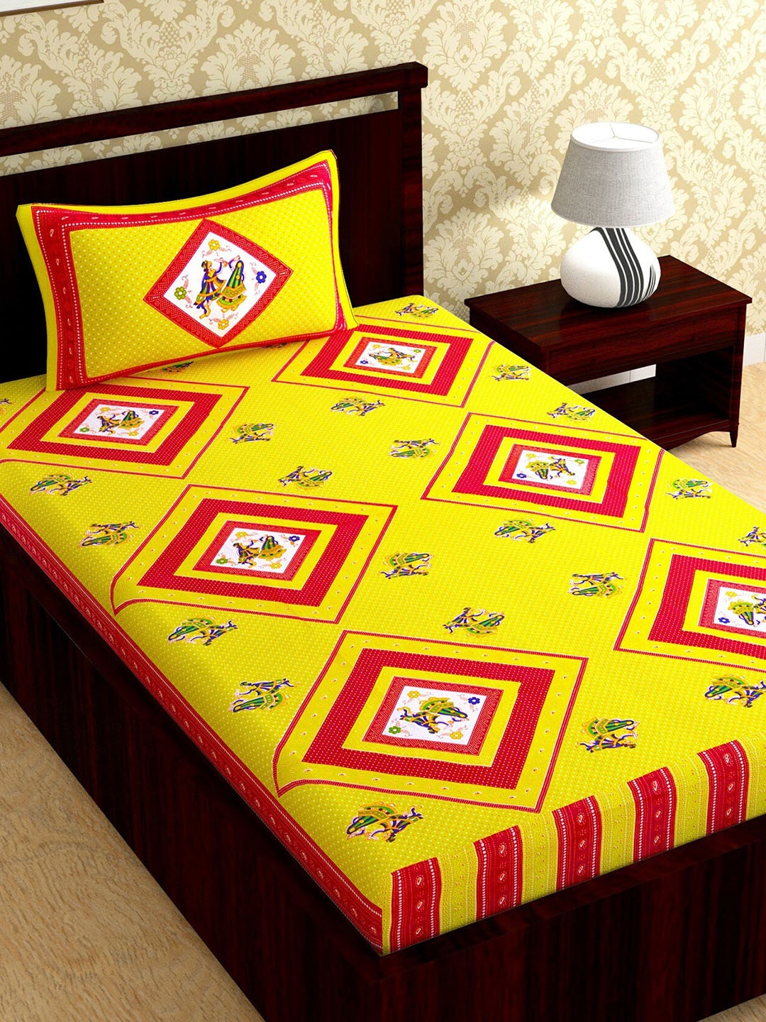 

Urban Magic Yellow & Red Geometric 104 TC Single Bedsheet with 1 Pillow Covers
