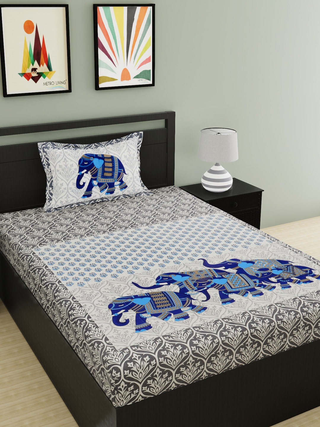 

Urban Magic Blue & Grey Ethnic Motifs 104 TC Single Bedsheet with 1 Pillow Covers