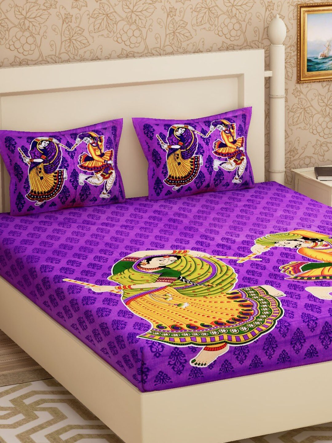 

Urban Magic Purple & Green Ethnic Motifs 104 TC Queen Bedsheet with 2 Pillow Covers