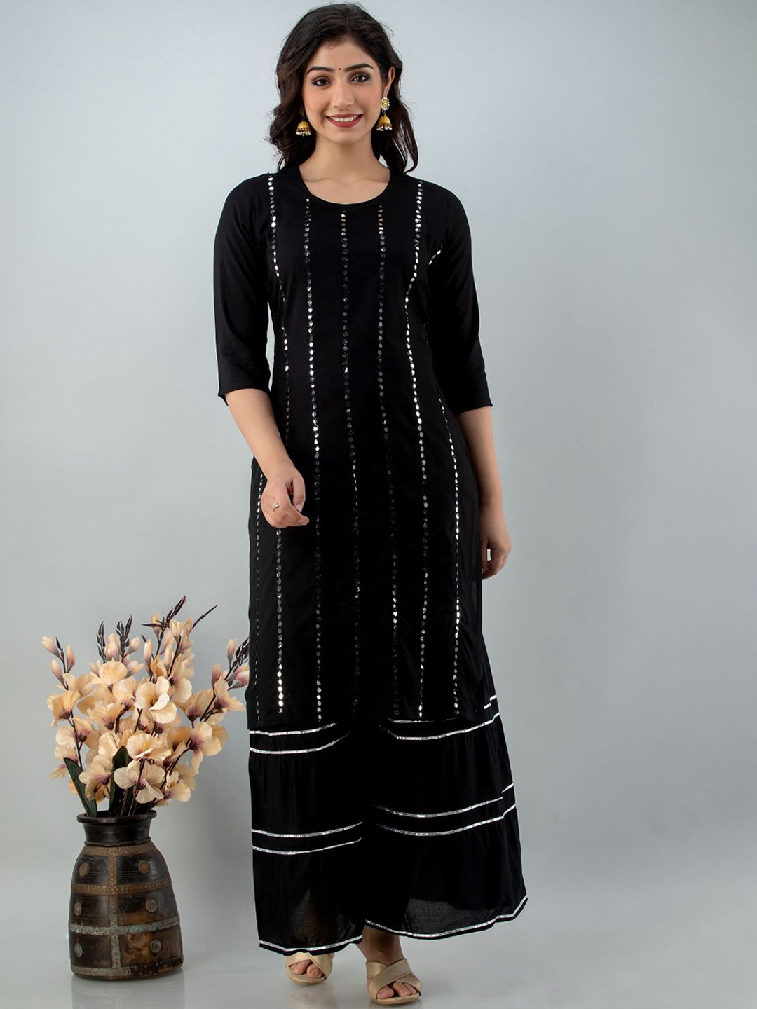 

FABISTA Women Black Ethnic Motifs Embroidered Layered Kurti with Sharara