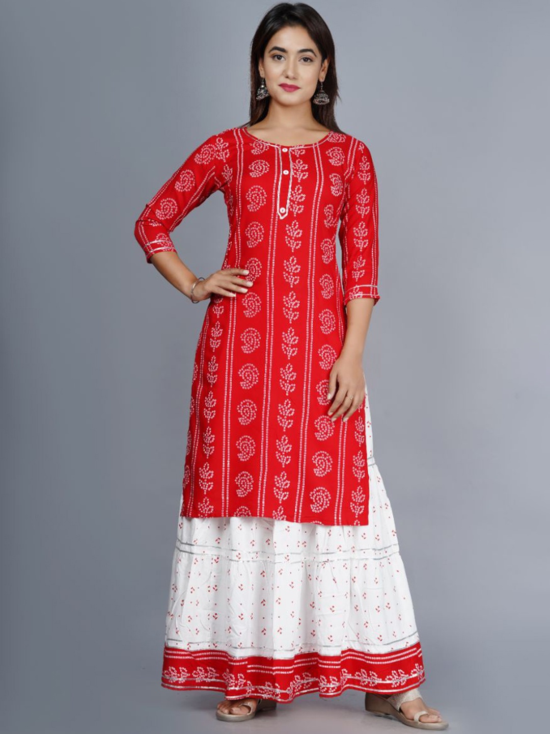 

FABISTA Women Red Ethnic Motifs Printed Kurta with Sharara