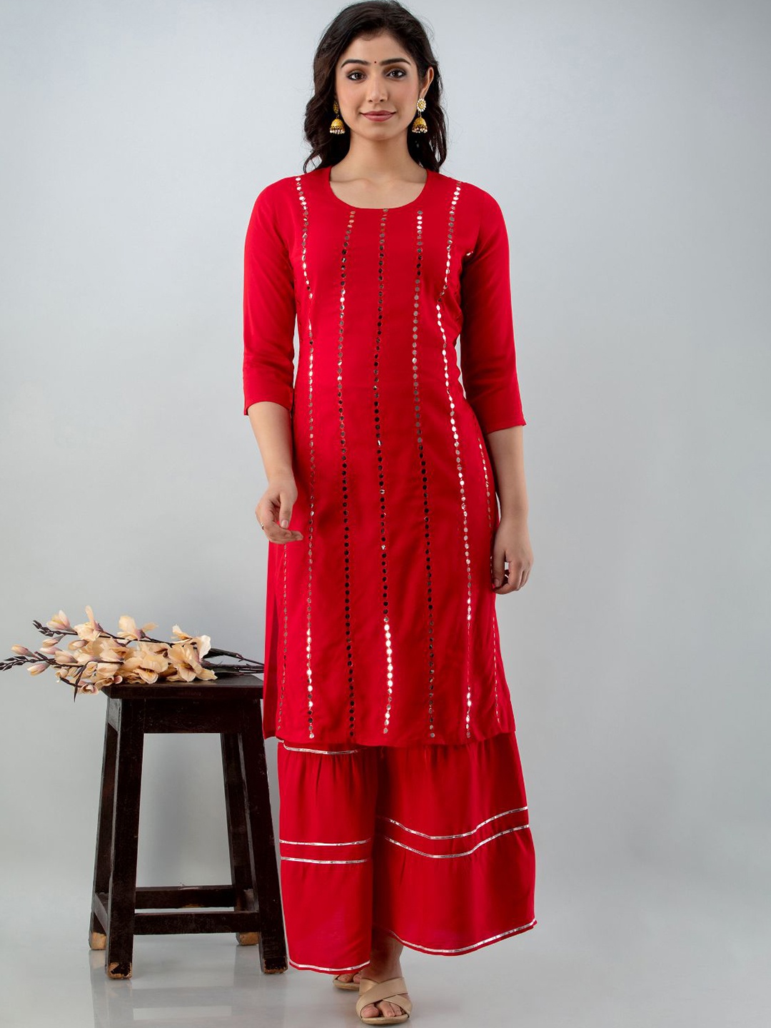 

FABISTA Women Red Mirror work Kurta with Sharara
