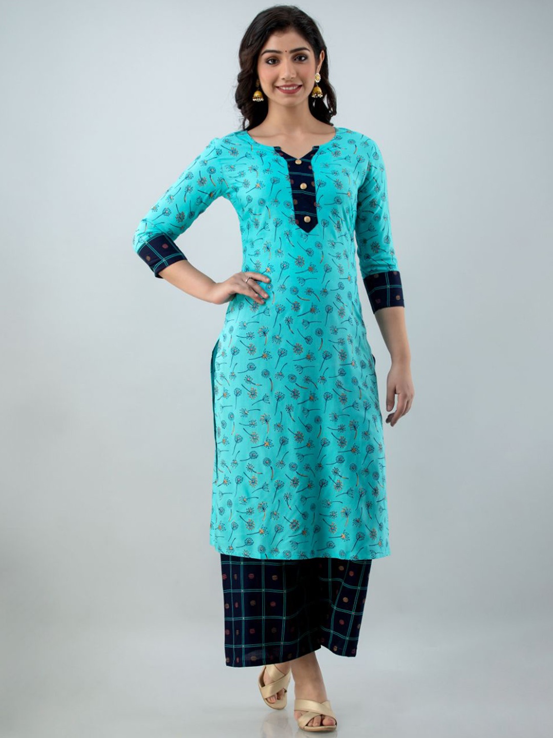 

FABISTA Women Blue Floral Kurta with Navy Blue Printed Palazzo