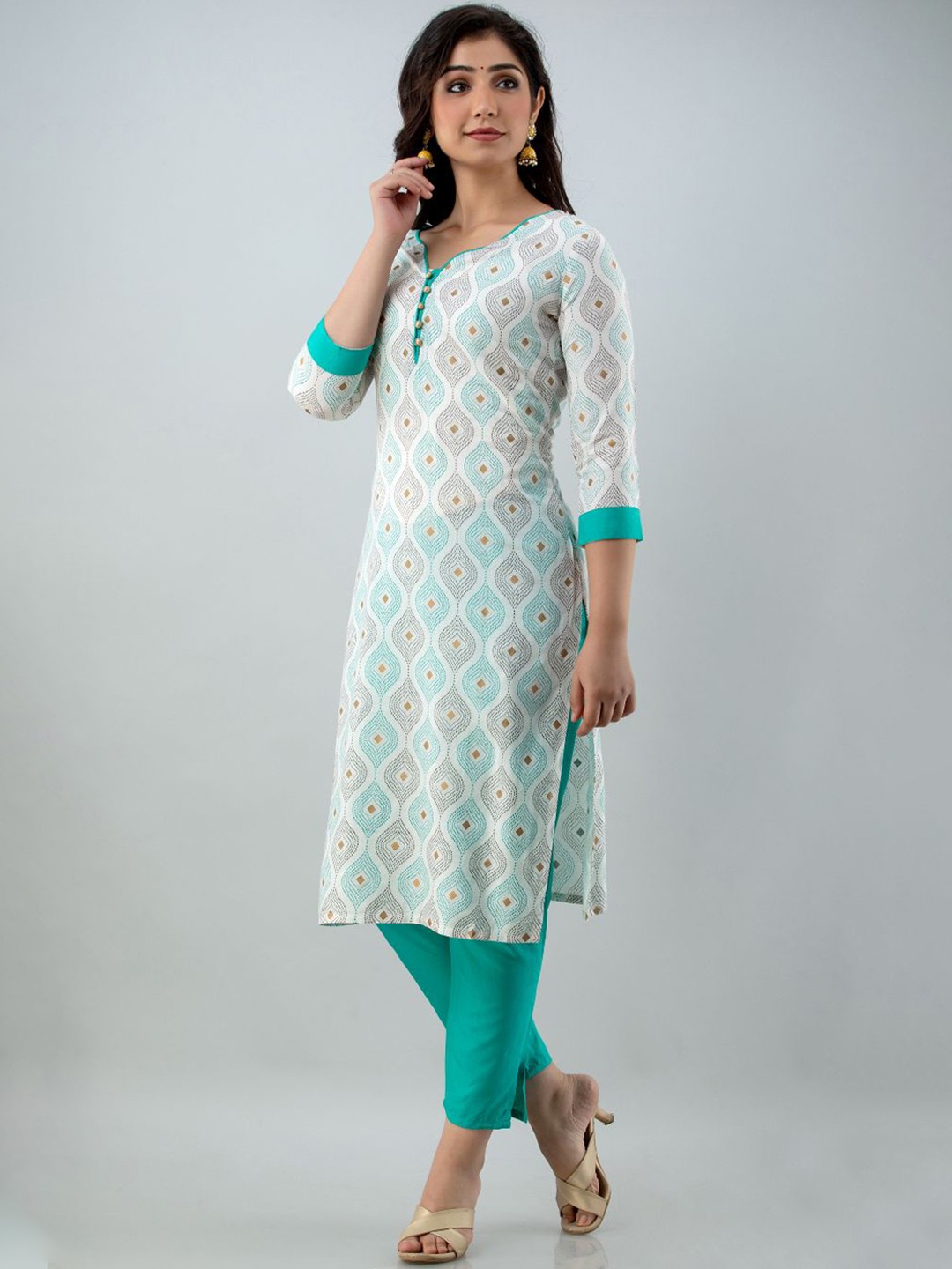 

FABISTA Women White Printed Kurta with Blue Solid Trousers