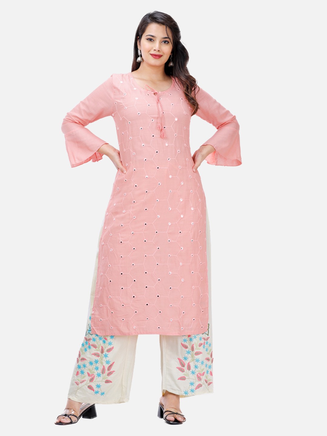 

KALINI Women Pink Floral Embroidered Panelled Mirror Work Kurta with Palazzos