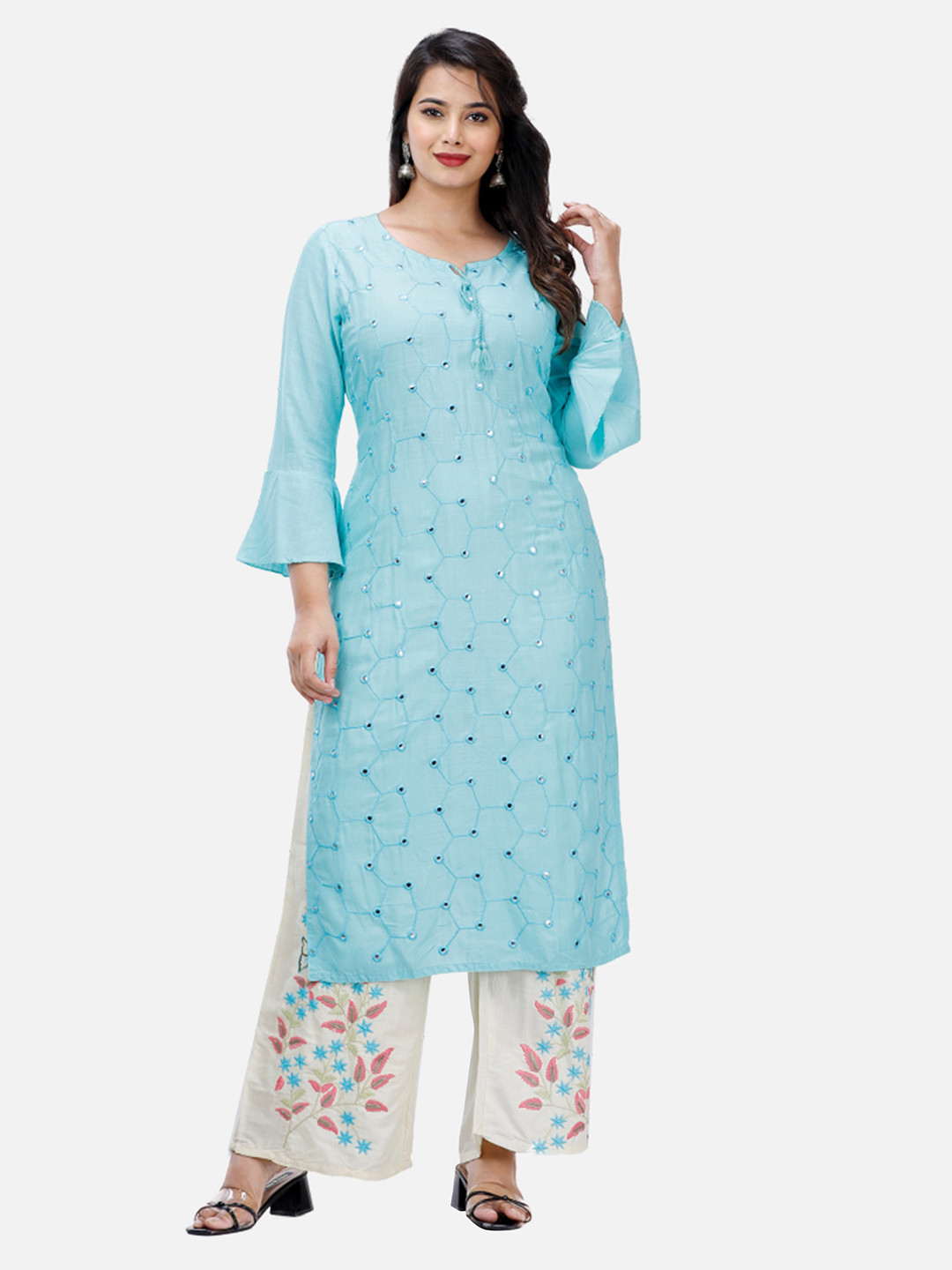 

KALINI Women Blue Floral Embroidered Mirror Work Kurta with Palazzos