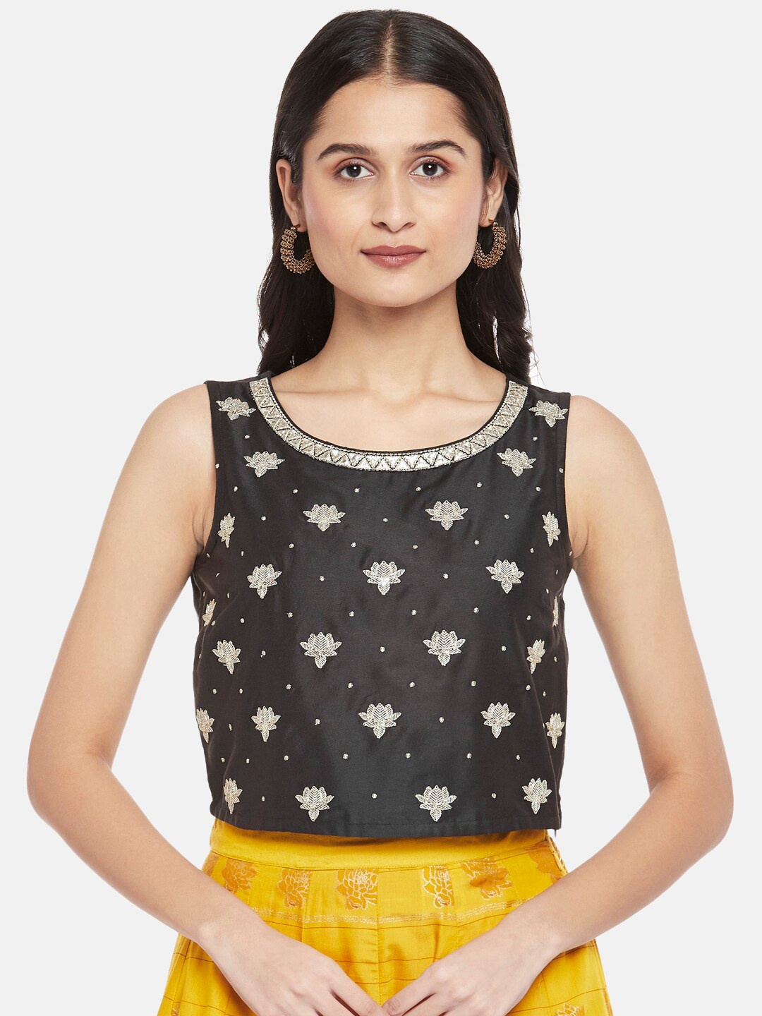 

AKKRITI BY PANTALOONS Women Black & Yellow Embroidered Ready to Wear Lehenga &