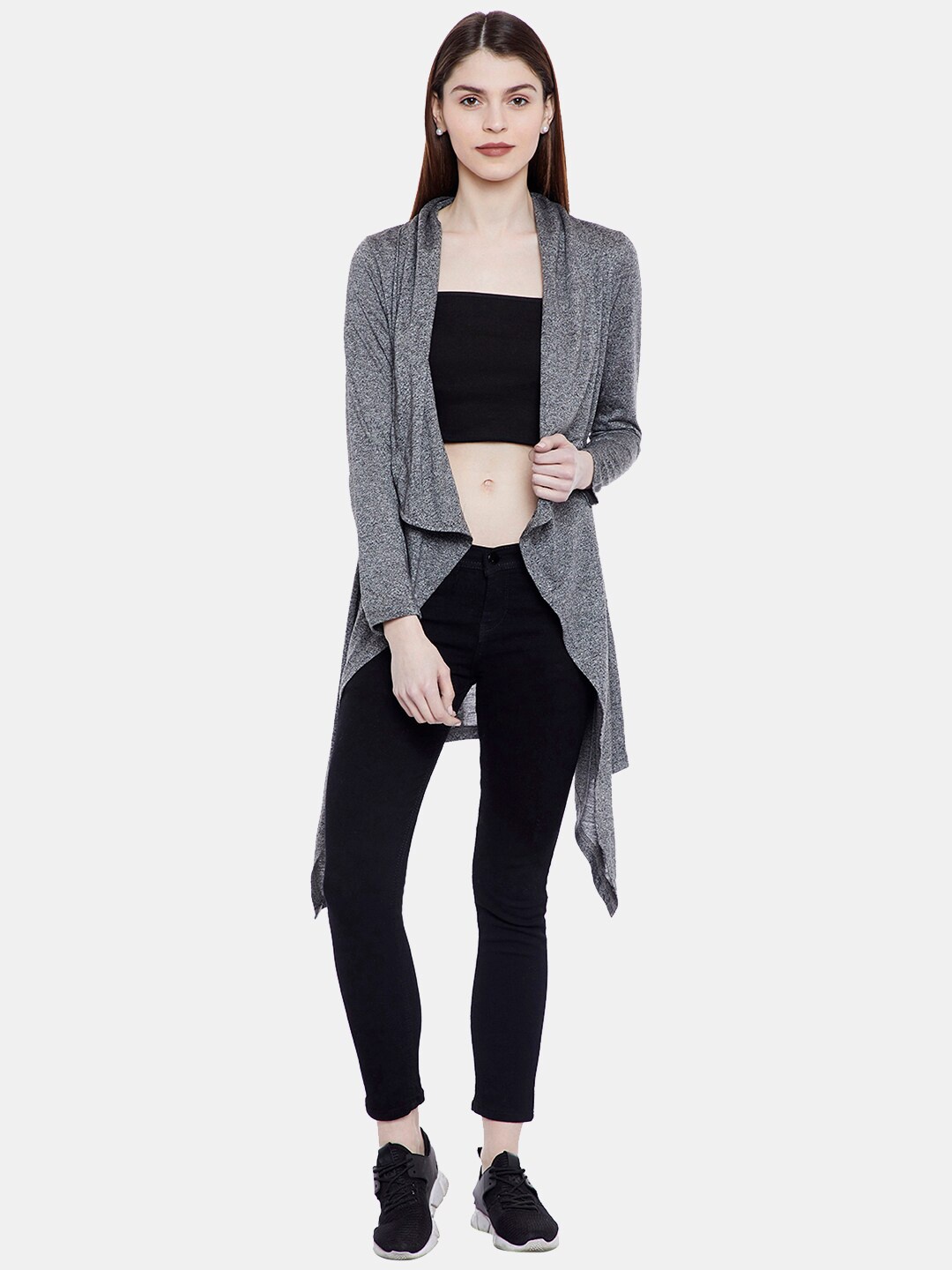 

CHILL WINSTON Women Charcoal Longline Solid Open Front Shrug