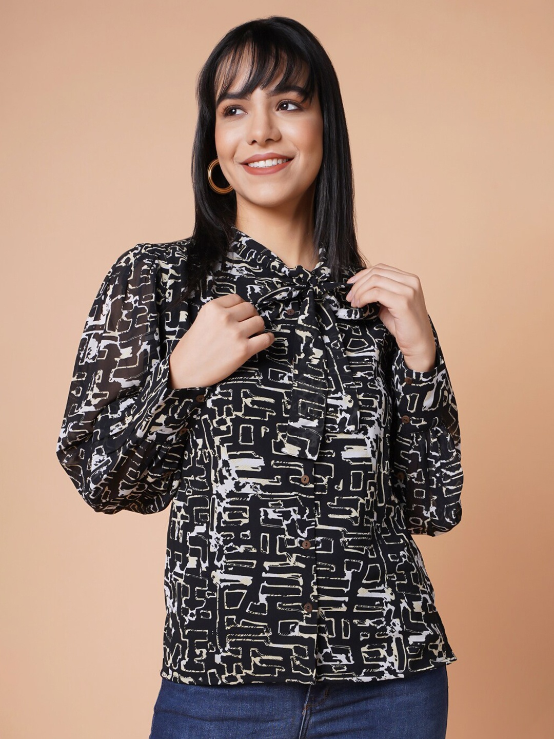 

HOUSE OF S Women Black Classic Slim Fit Printed Casual Shirt