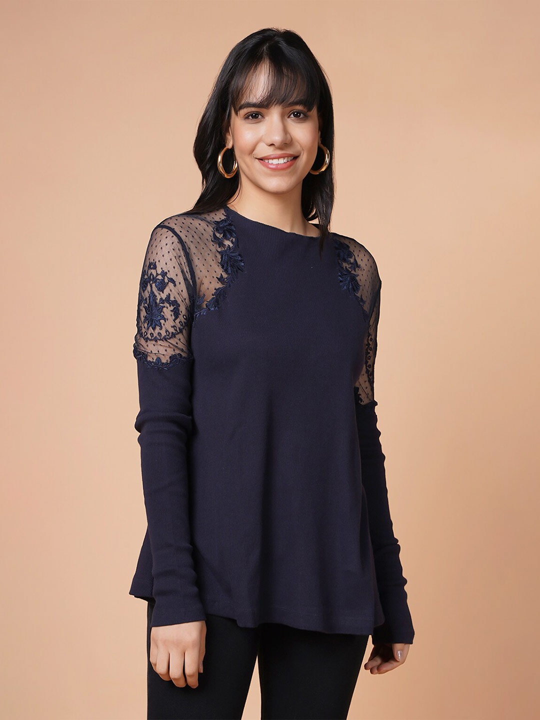 

HOUSE OF S Women Navy Blue Embroidered Sheer Top