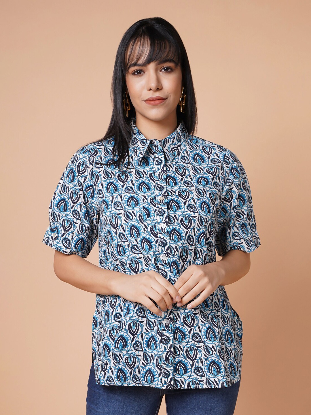 

HOUSE OF S Women Blue Classic Slim Fit Printed Casual Shirt