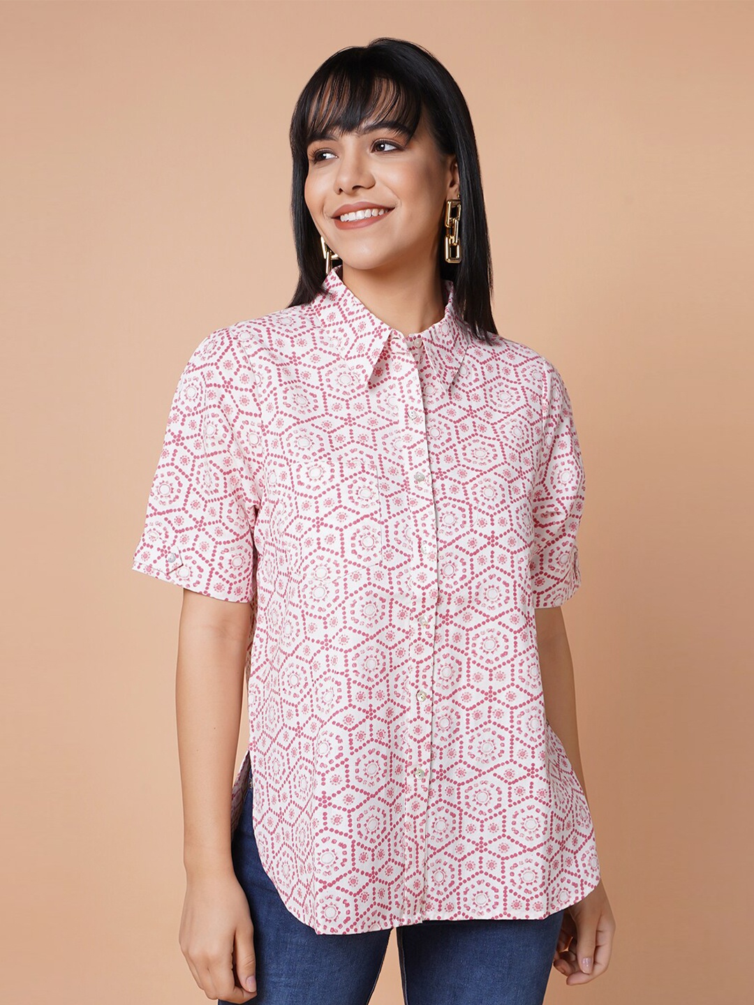 

HOUSE OF S Women Pink Classic Slim Fit Printed Casual Shirt