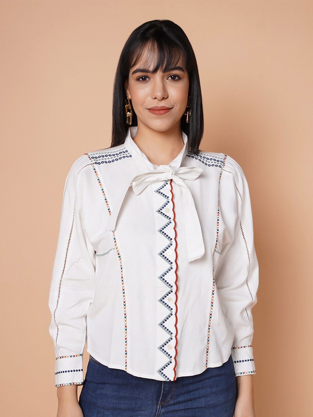 

HOUSE OF S Women White Embroidered Casual Shirt