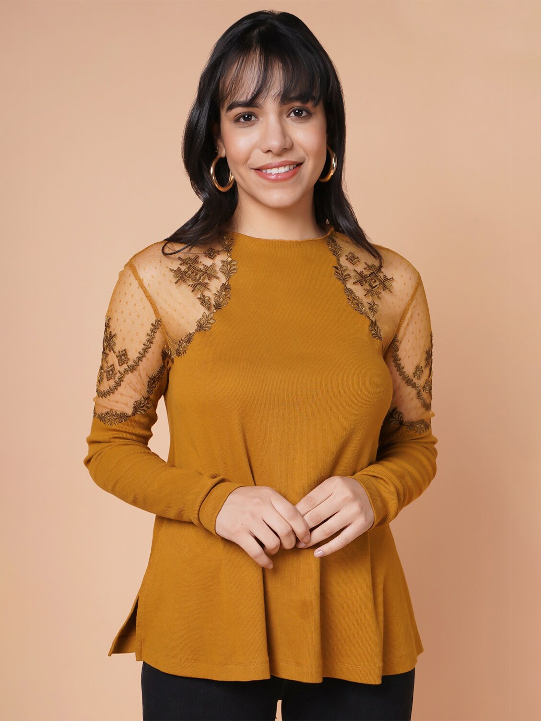 

HOUSE OF S Mustard Yellow Floral Embroidered Top