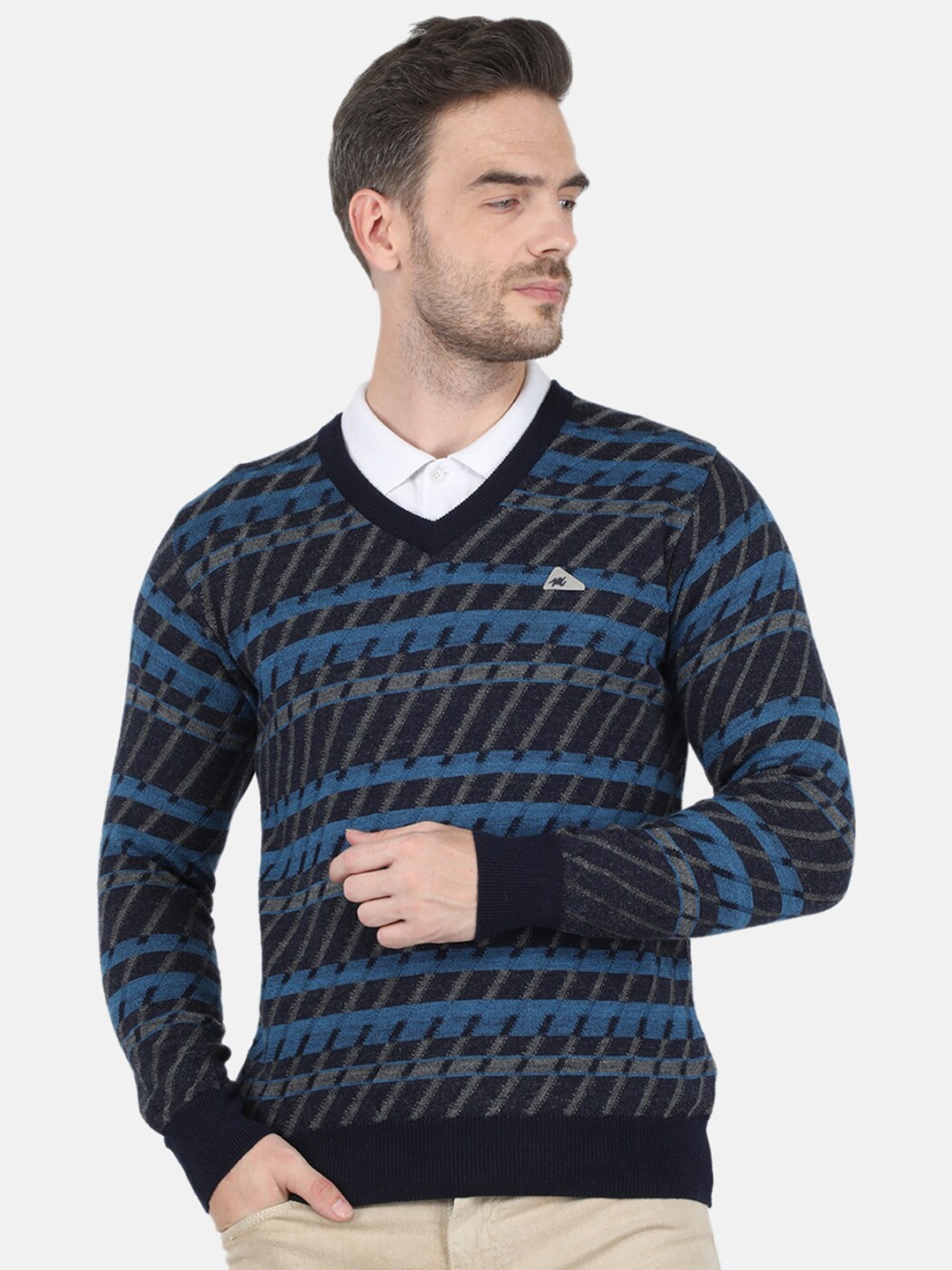 

Monte Carlo Men Navy Blue & Blue Pure Wool Striped Pullover