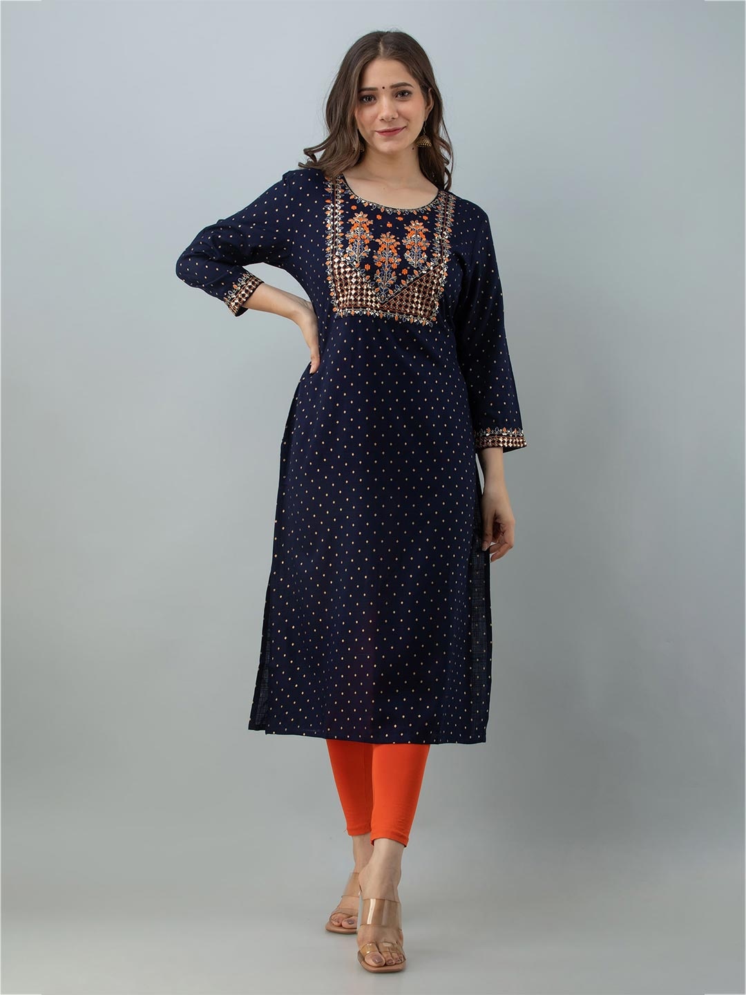 

NAYRAH Women Navy Blue & Orange Floral Embroidered Kurta