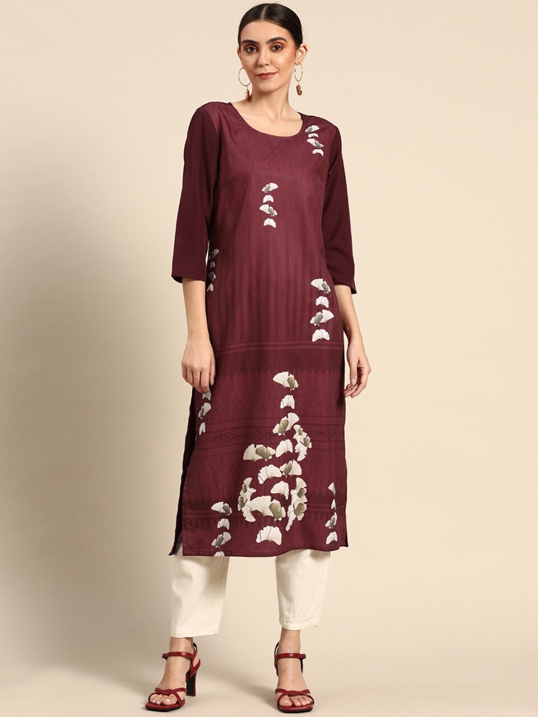 

Sangria Women Maroon Floral Printed Crepe Kurta