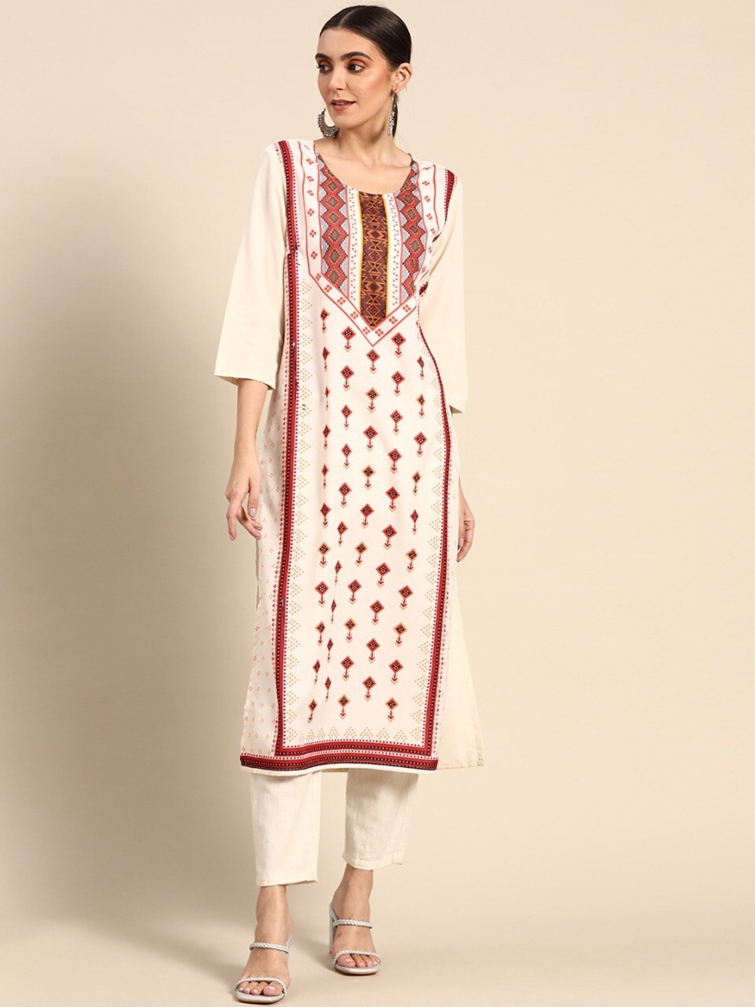 

Sangria Women Cream & Red Printed Poly Crepe Straight Kurta