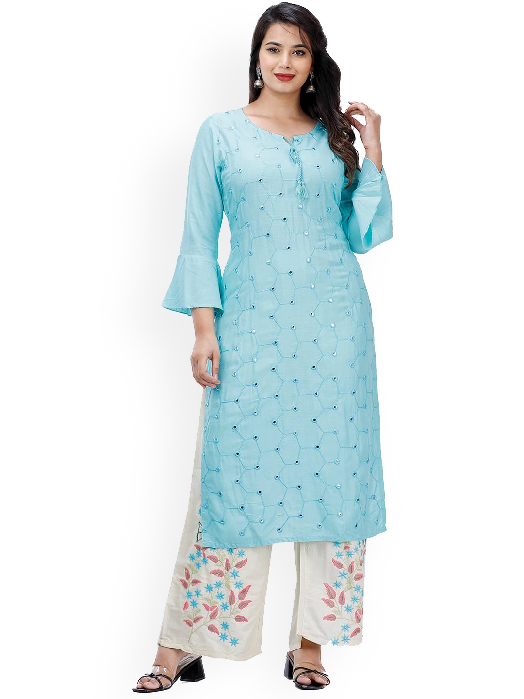 

JAIPURI COLLECTION Women Blue Mirror Work Kurti with Palazzos