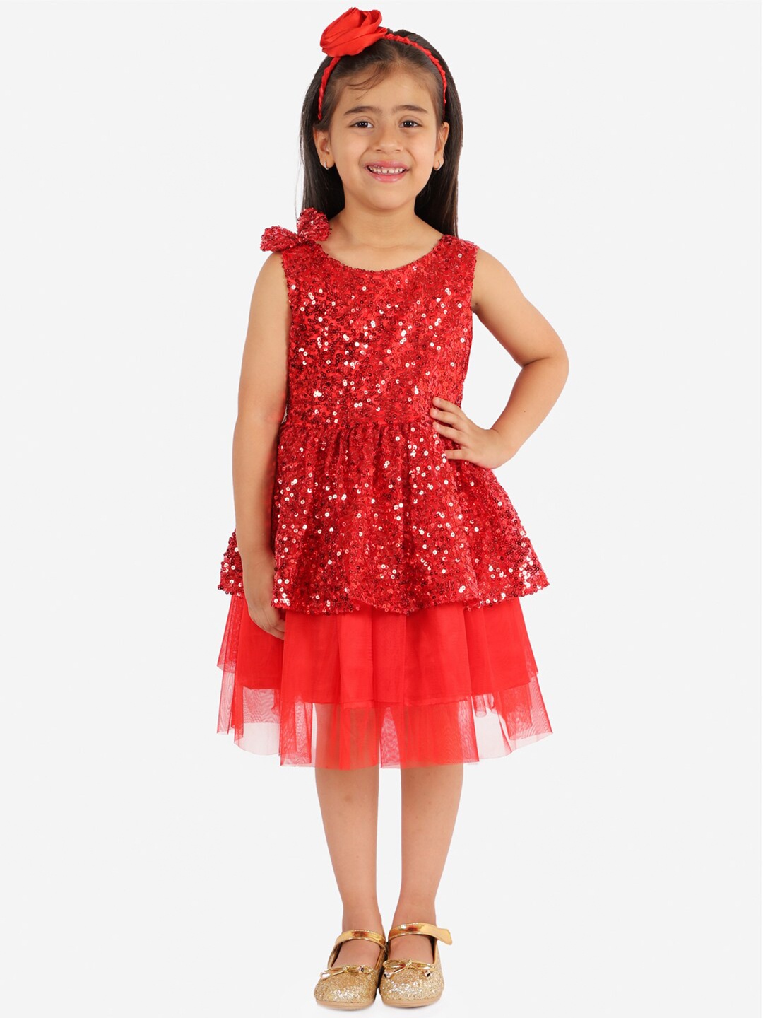 

YK Girls Red Sequins And Net Layered Party Dress