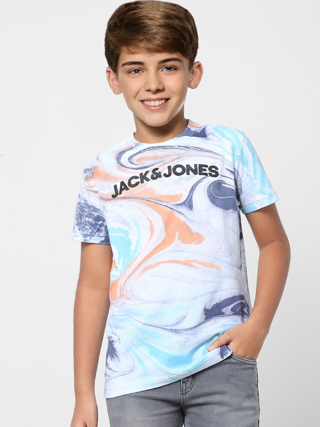 

Jack & Jones Junior Boys Multicoloured Printed Slim Fit T-shirt, Blue