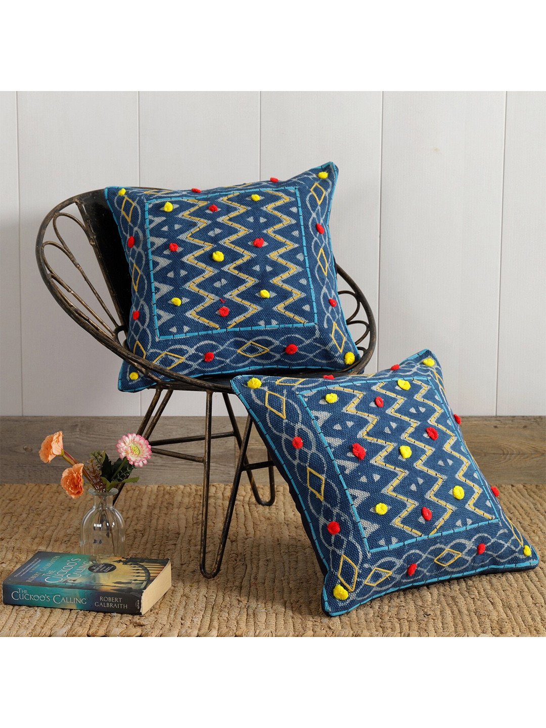 

HANDICRAFT PALACE Blue & Yellow Set of 2 Geometric Square Cushion Covers