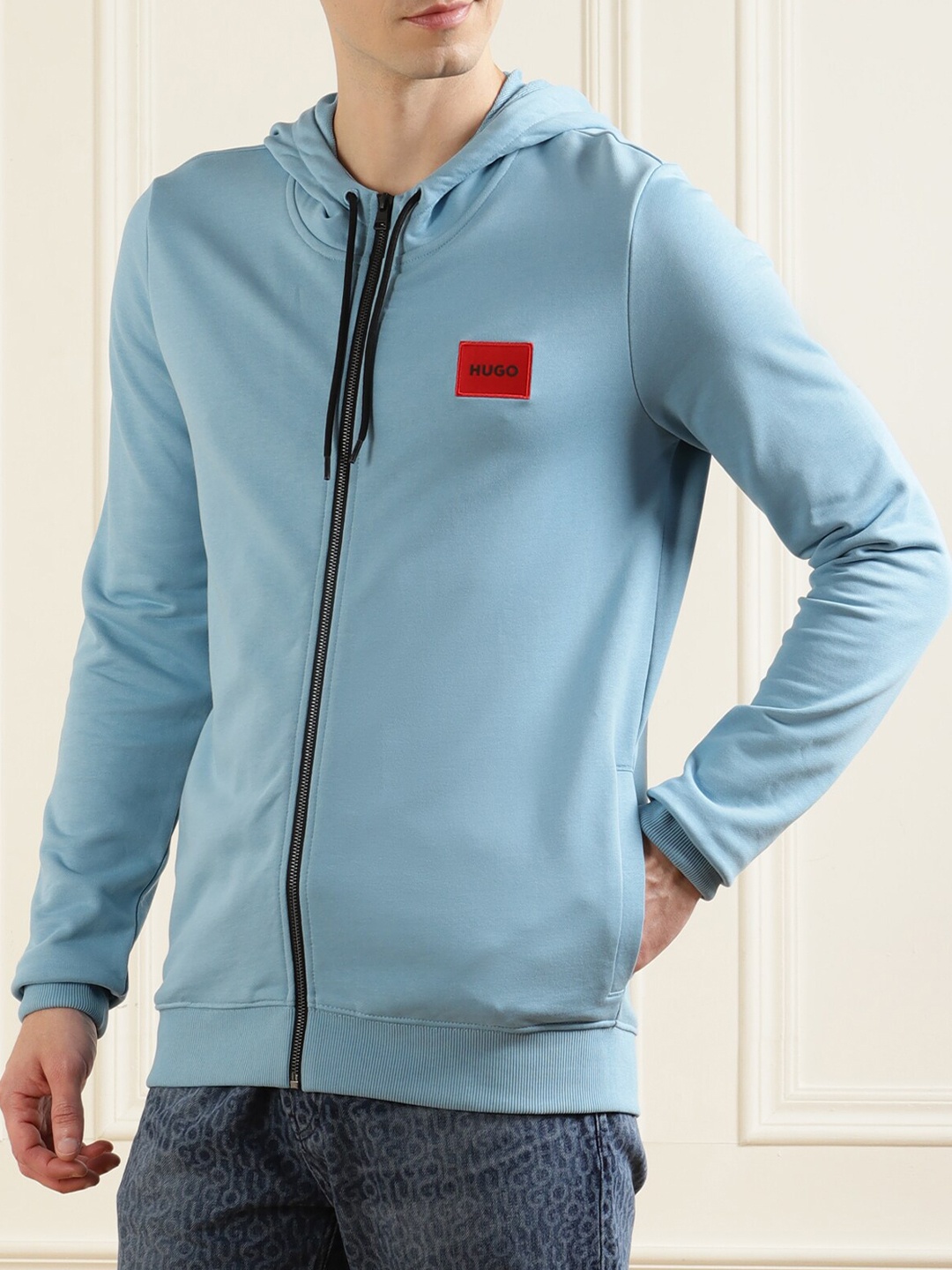 

HUGO Men Blue Front-Open Red Patch Hoodie Sweatshirt