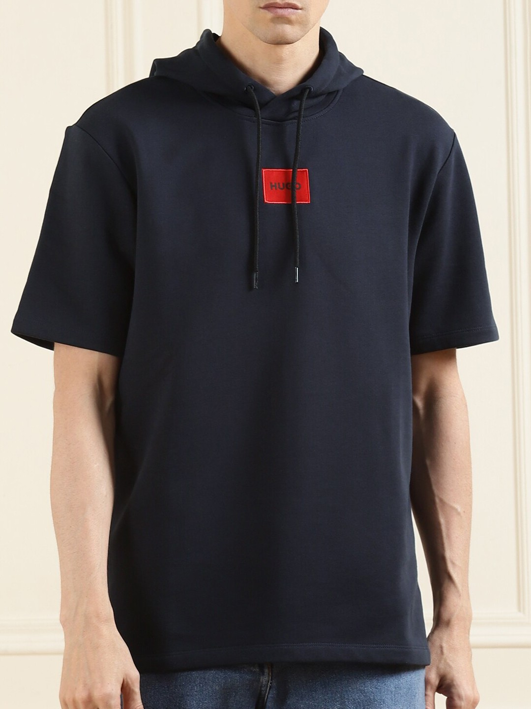 

HUGO Men Navy Blue Hooded Red Patch Sweatshirt