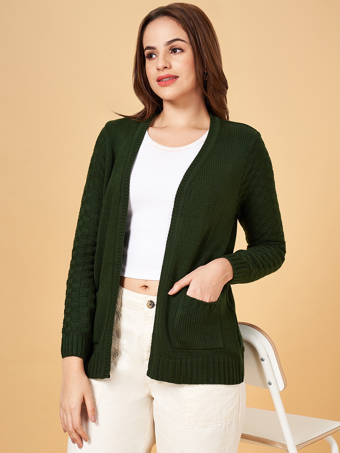 

Honey by Pantaloons Women Olive Green Solid Front Open Sweater