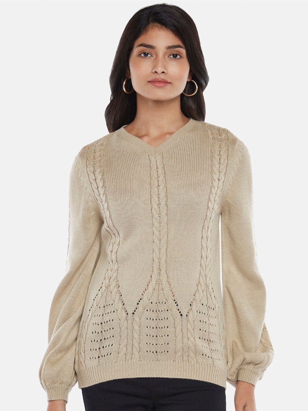 

Honey by Pantaloons Women Beige Cable Knit Pullover