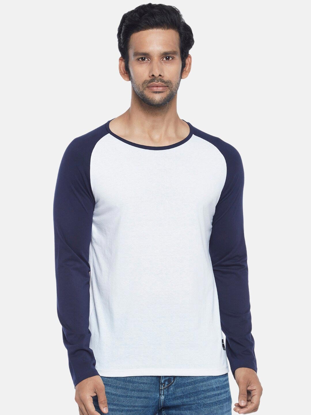 

People Men Blue Colourblocked Drop-Shoulder Sleeves Raw Edge T-shirt