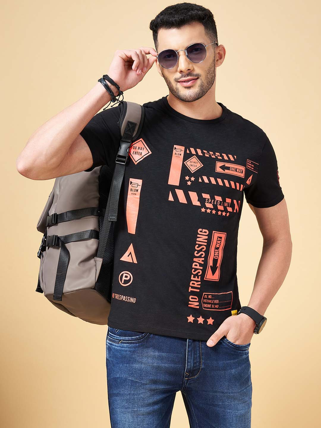 

People Men Black Typography Printed Applique T-shirt