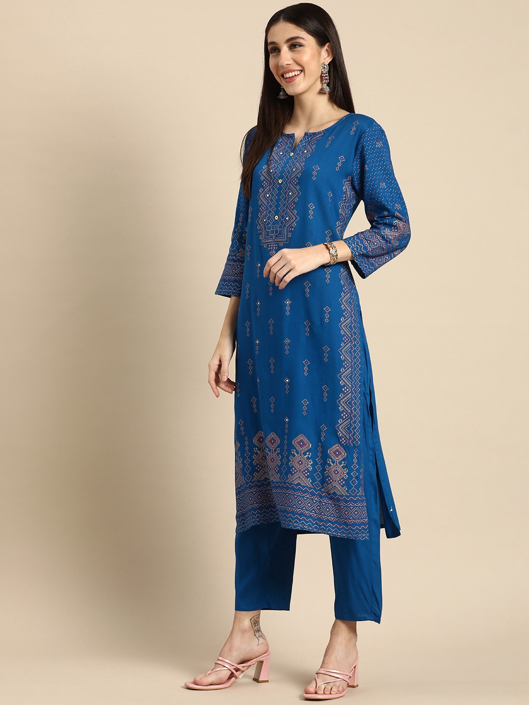 

Anouk Women Blue & Gold-Toned Ethnic Motifs Printed Kurta with Trousers