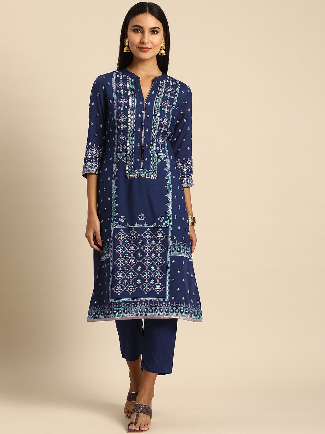 

Anouk Women Blue & White Ethnic Motifs Printed Kurta with Trousers