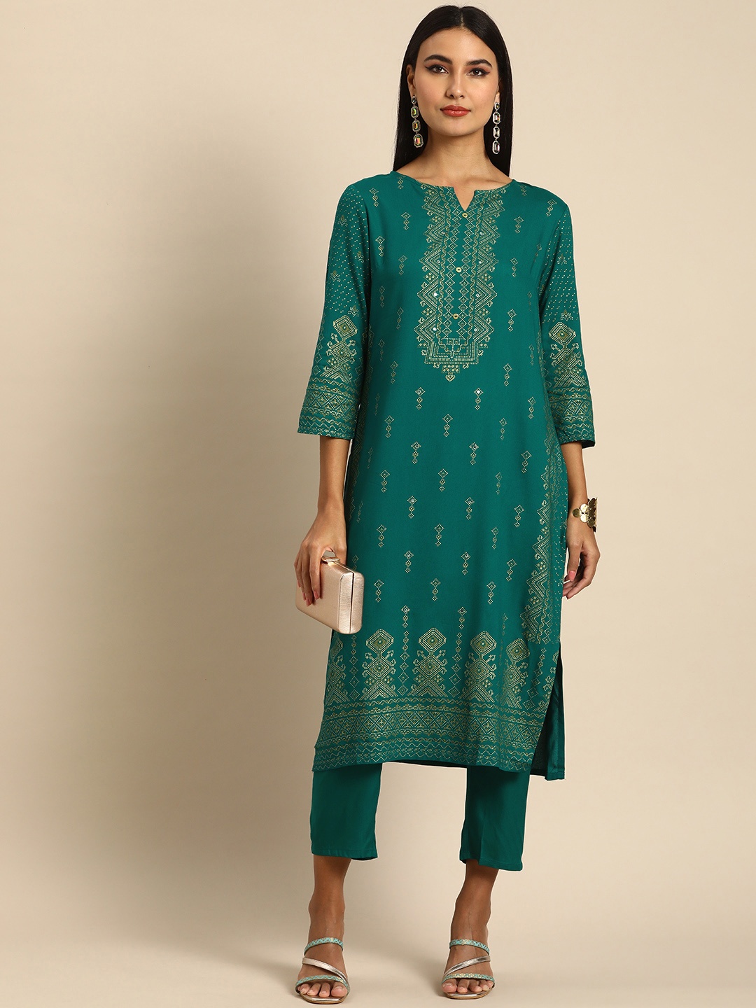 

Anouk Women Green & Gol-Toned Ethnic Motifs Printed Kurta with Trousers