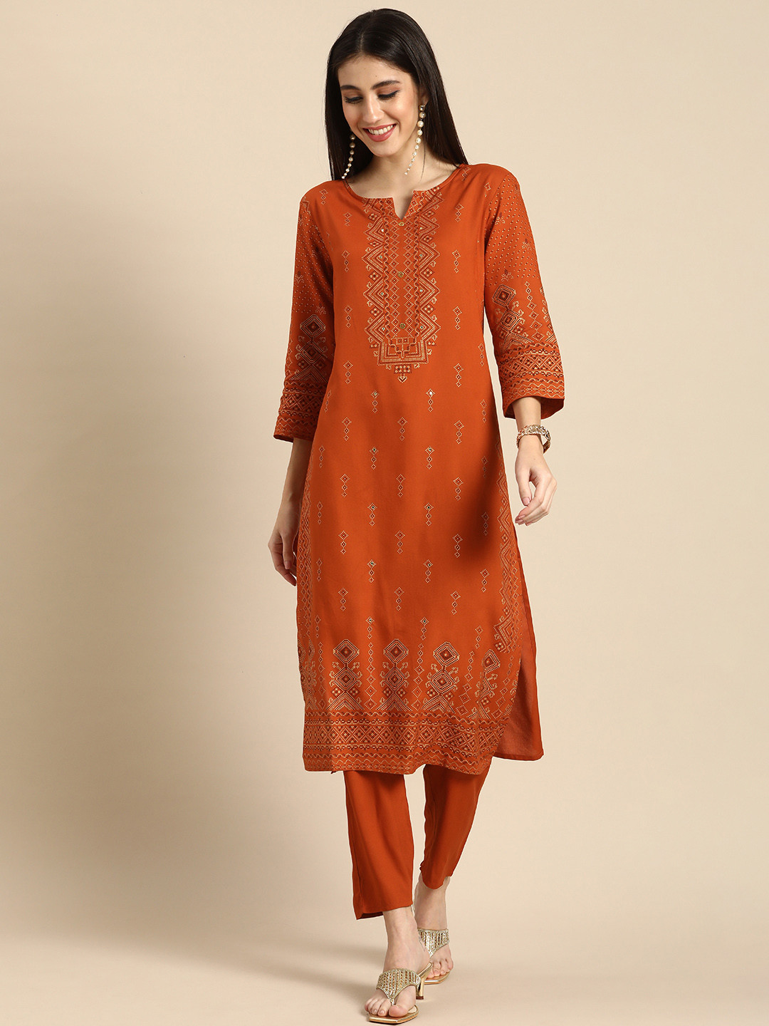 

Anouk Women Orange & Black Ethnic Motifs Printed Kurta with Trousers