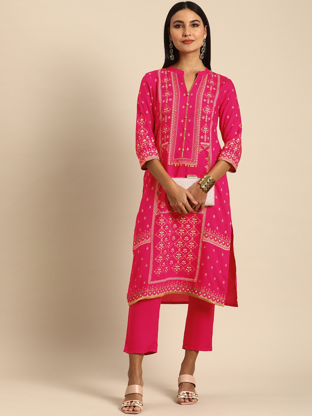 

Anouk Women Pink & Gold-Toned Ethnic Motifs Printed Kurta with Trousers