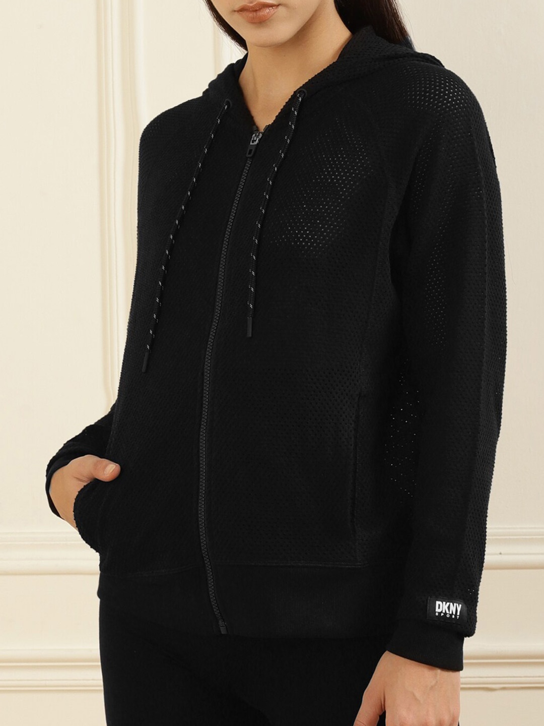 

DKNY Women Black Solid Front-Zipper Hooded Sweatshirt