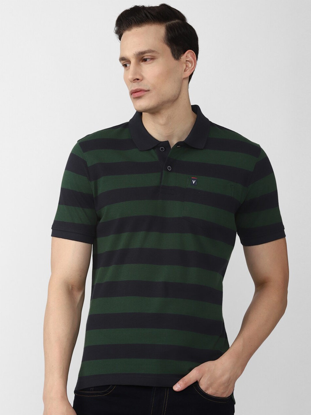 

Van Heusen Sport Men Black Striped Polo Collar T-shirt