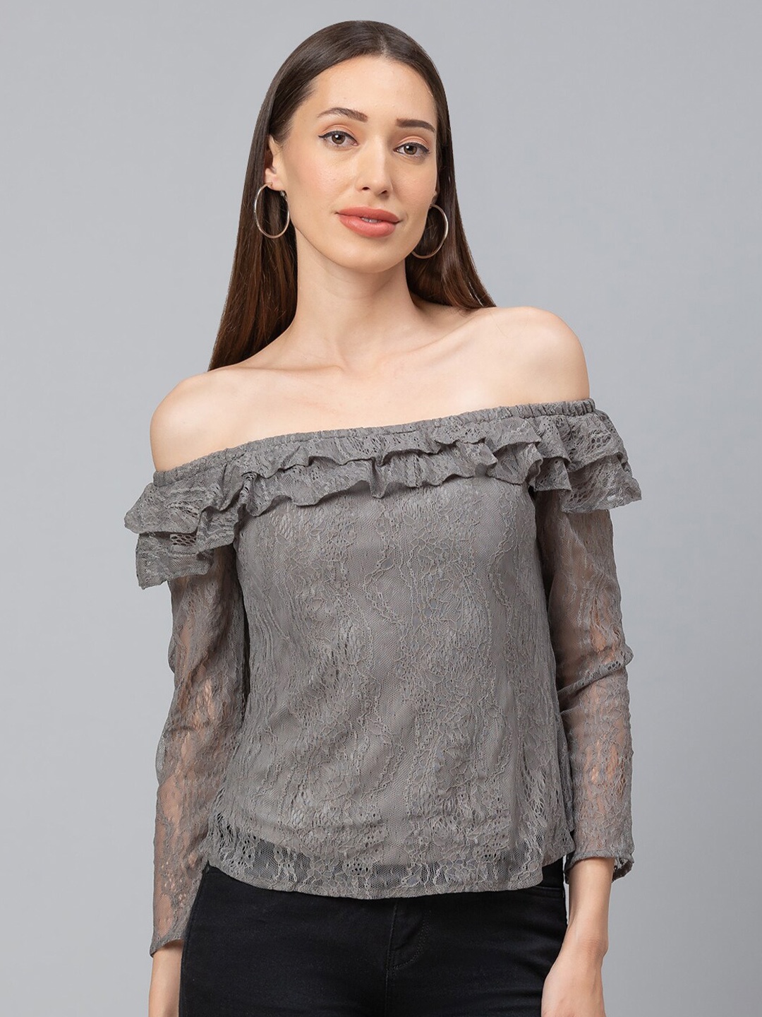 

Globus Grey Off-Shoulder Ruffles Lace Bardot Top