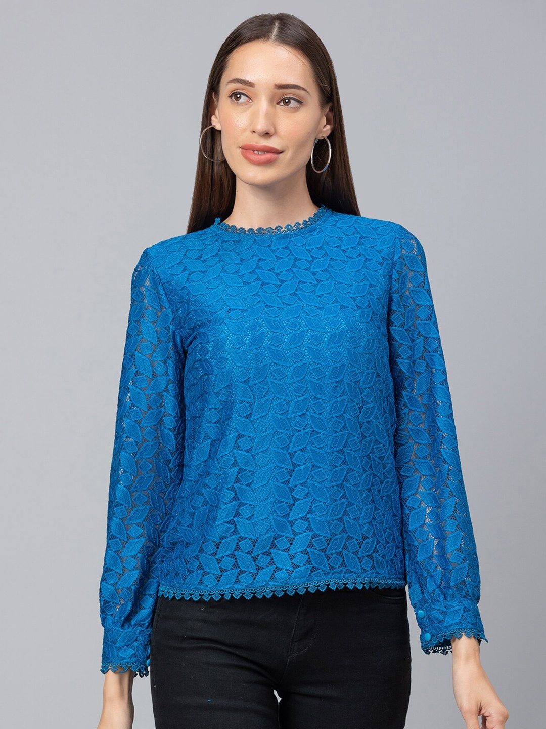 

Globus Blue Women Long Sleeves Round Neck Lace Self Design Top