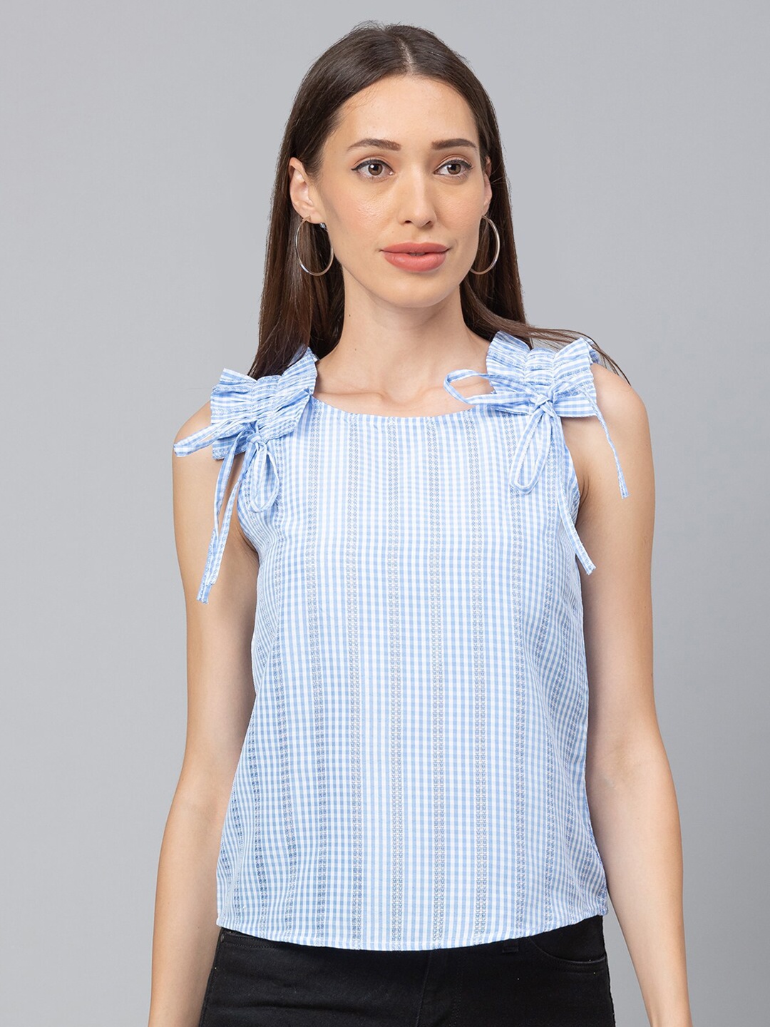 

Globus Women Blue & White Checked Sleeveless Top