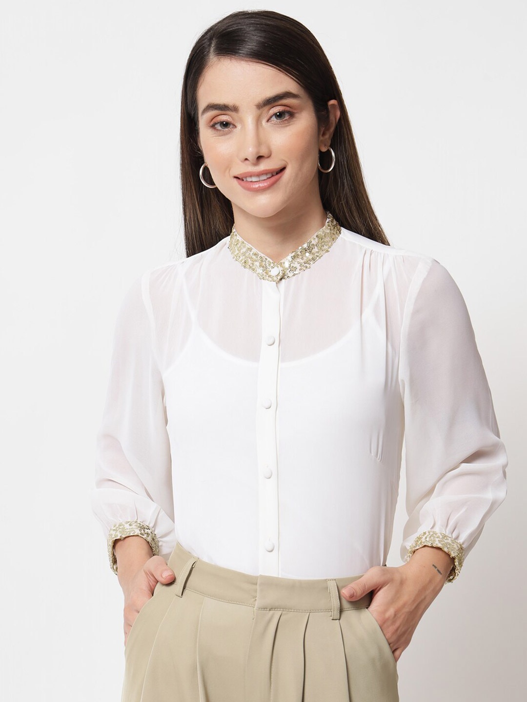 

studio rasa White Mandarin Collar Sheer Georgette Sequin Embroidered Sheer Shirt Style Top