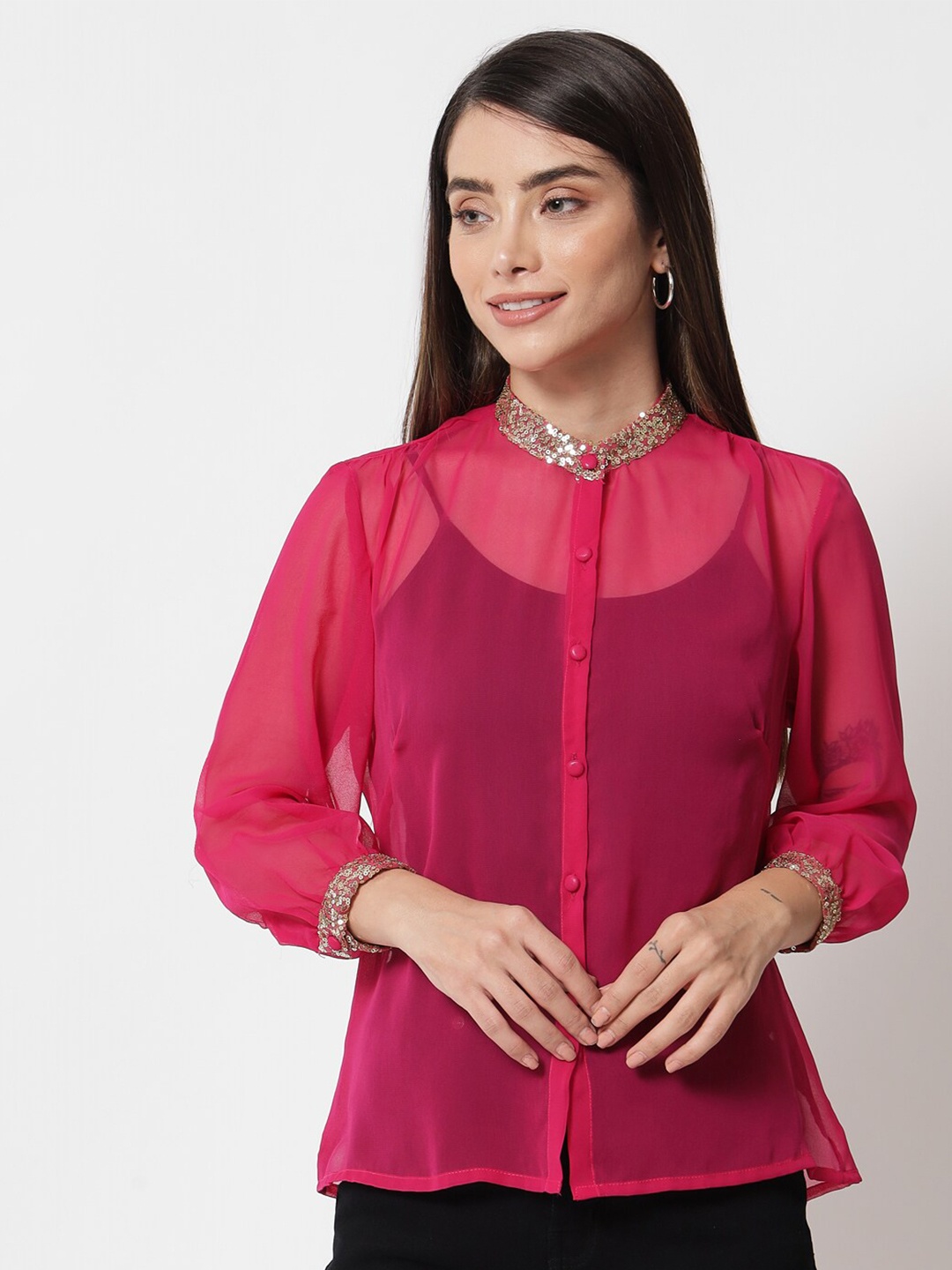 

studio rasa Pink Jewel Neck Sheer Georgette Sequin Embroidered Sheer Shirt Style Top