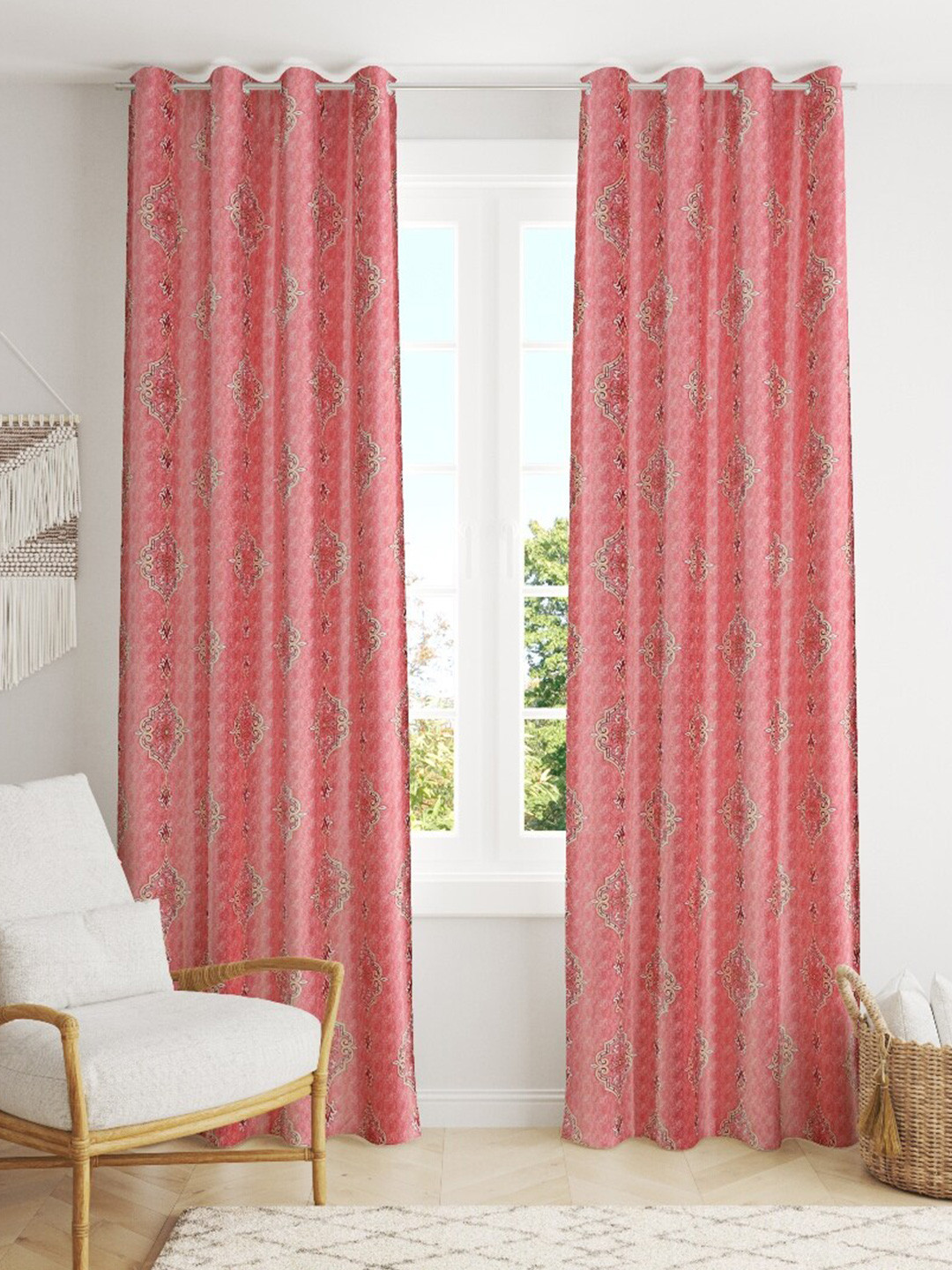 

MULTITEX Peach-Coloured & Maroon Set of 2 Floral Window Curtain