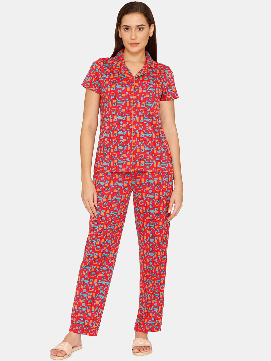 

Zivame Women Red & Blue Printed Night suit