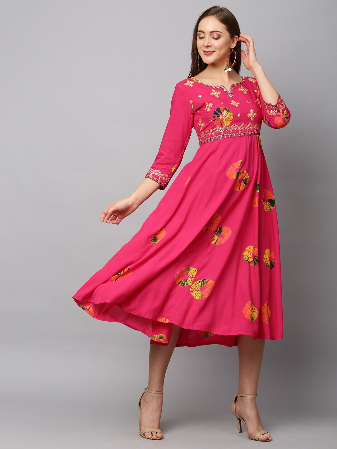 

FASHOR Pink Ethnic Motifs Empire Midi Dress